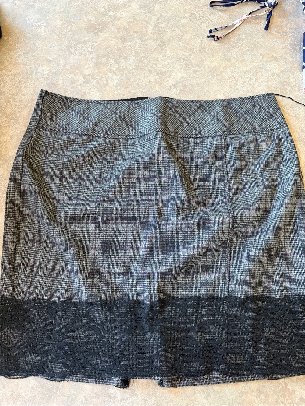 Maurices Gray Plaid Pencil Skirt with Black Lace Hem